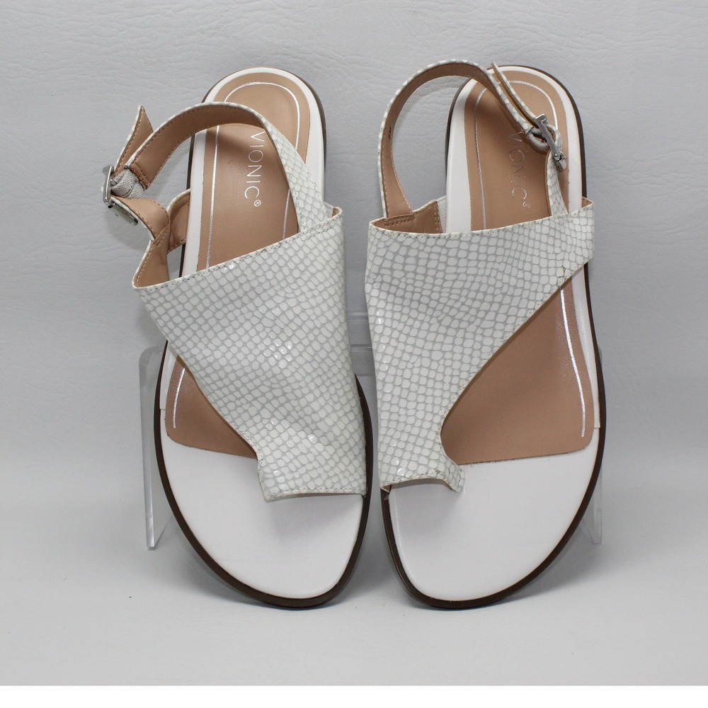 Vionic Ella LZD White Embossed Leather Toe Loop Slingback Sandals Womens 8